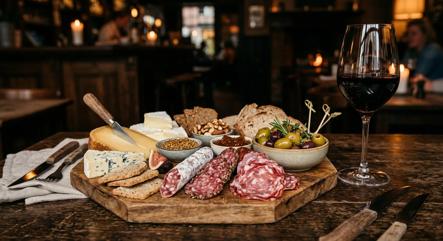 Borrelplank met hapjes en een glas wijn