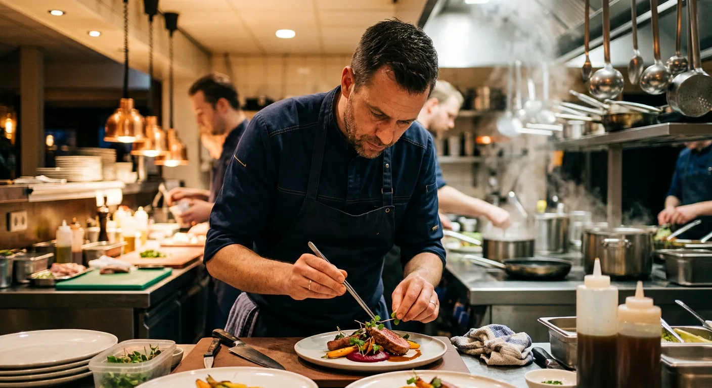 Chef in de keuken bij warm licht