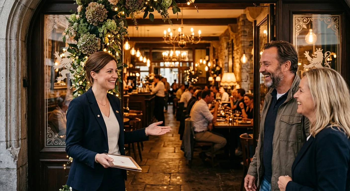 Gastvrouw die gasten verwelkomt in het grand café