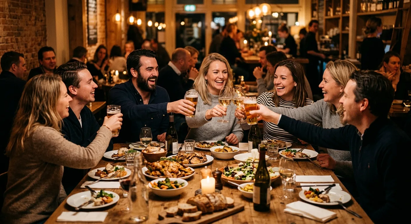 Grote tafel met gezelschap dat samen eet