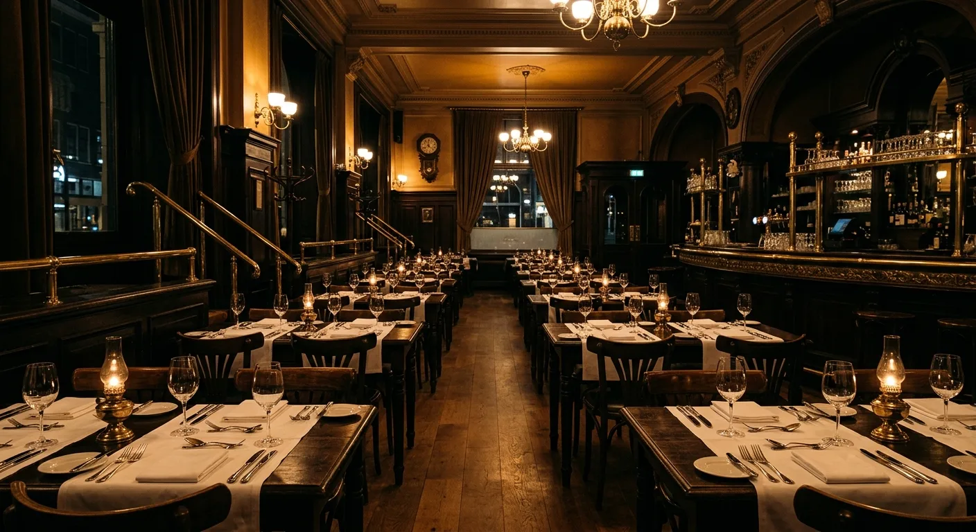 Sfeervol interieur van Grand Café Eight in warm amberlicht na sluitingstijd